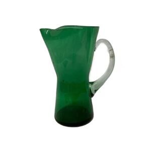 Green Glass Pinched Lip Hand Blown Pitcher